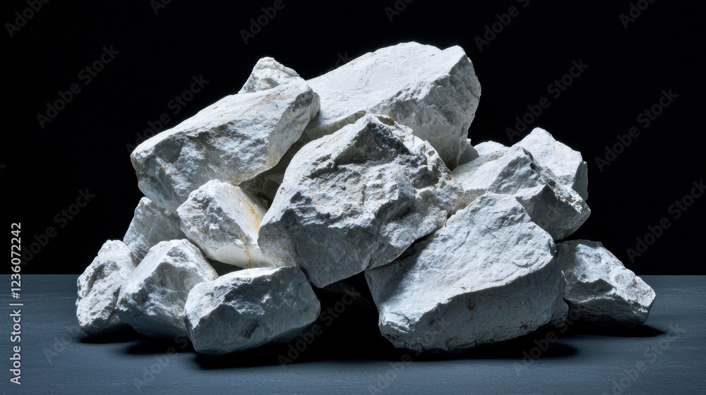 Poster a cluster of rough white rocks is positioned on a dark surface. the natural formations and textures 