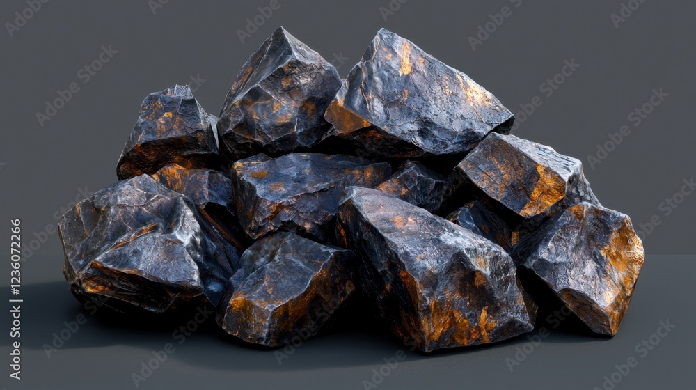 Aufkleber a collection of angular, dark mineral rocks displaying glossy surfaces and vibrant, metallic veins. 