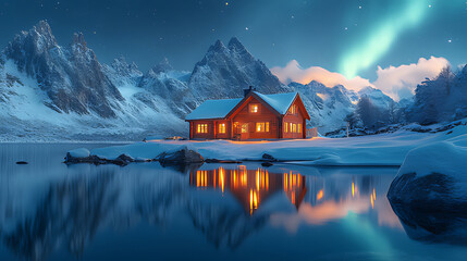 Obraz premium Cozy cabin, snowy fjord, aurora borealis, nighttime landscape, winter travel