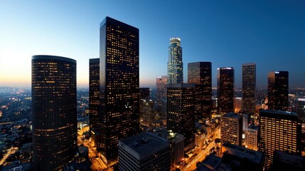 At twilight, downtown Los Angeles reveals a stunning skyline with illuminated skyscrapers. The vibrant city lights create a picturesque view, highlighting the urban landscape