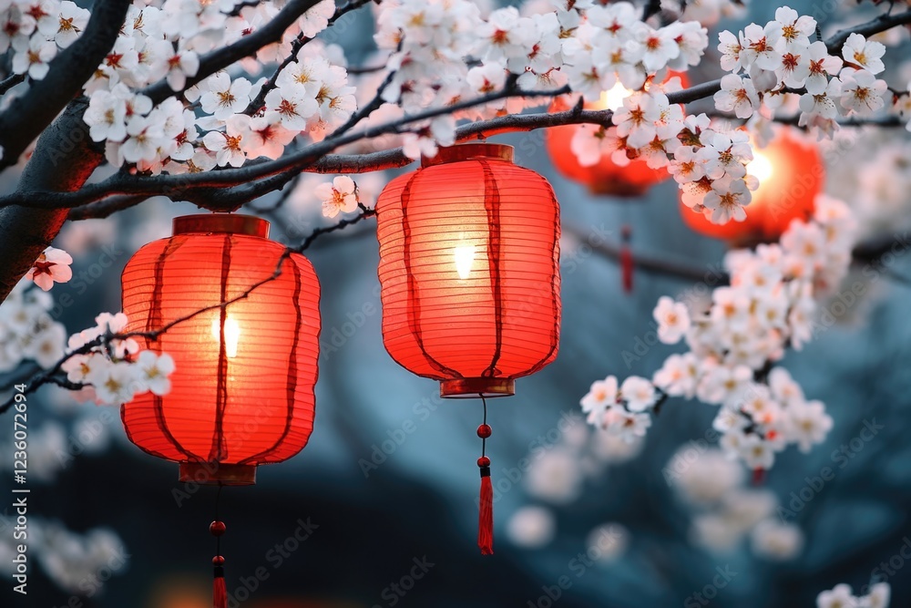 Aufkleber a pair of red lanterns suspended from a tree branch, ideal for use in festival or event photography