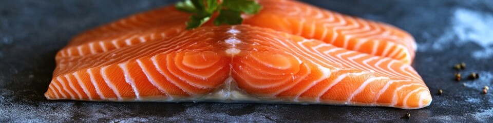 Fresh salmon fillet served with a sprig of parsley, ideal for food photography or recipe illustrations