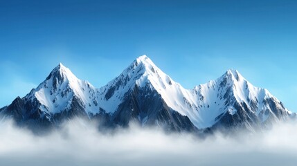 Obraz premium Snow-covered peaks tower majestically against a vibrant blue sky, partially obscured by a soft blanket of clouds, creating a peaceful and breathtaking view in nature