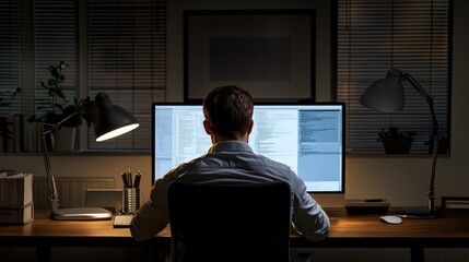 Programmer coding late, home office, night, dual monitors, deadline