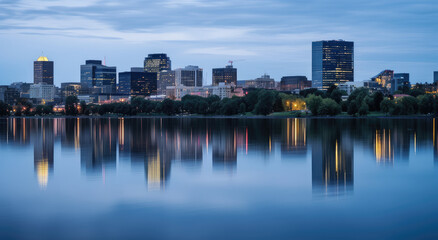 Naklejka premium Twilight Serenity: Urban Skyline over Calm Waters