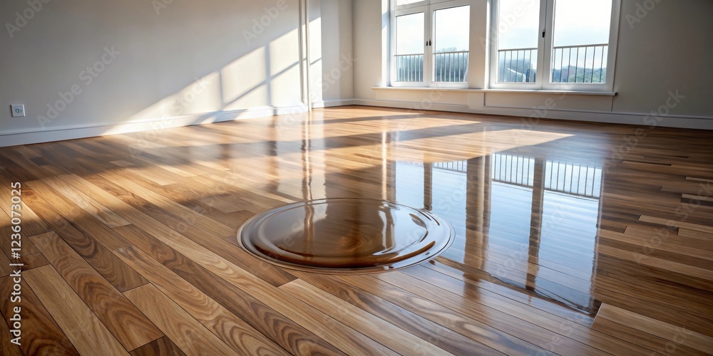 Poster newly installed hardwood floors with a high gloss finish reflect the sunlight streaming in from a ne