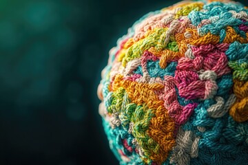 A colorful ball of yarn on a dark background