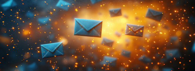SMS, letter, virtual letter, email. Glowing blue envelopes symbolize modern email marketing on a vibrant yellow background for dynamic newsletter campaigns