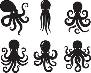 Silhouette vector illustration of a flat octopus art in black color on a white background