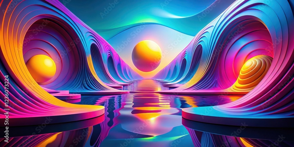 Poster A psychedelic landscape of undulating geometric shapes, vibrant hues, and shimmering reflections, creating an otherworldly and mesmerizing experience.