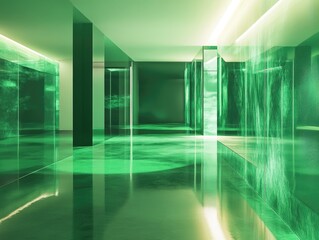 Neon-Lit, Futuristic Escape Room Corridor with Green Reflections