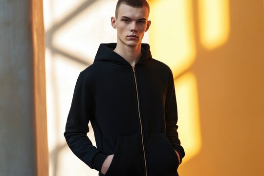 A young man posing for a photo wearing a black hoodie and likely hiding his identity
