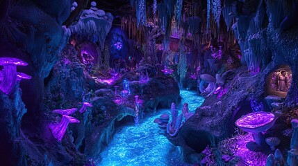 Enchanted cave river fantasy scene, glowing mushrooms, background artwork, fairytale setting