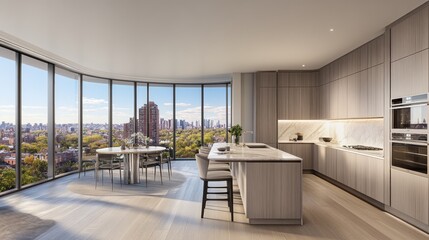 Fototapeta premium Luxury city apartment kitchen, panoramic view, autumn, dining area