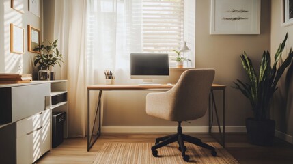 Modern Home Office Workspace with Natural Light and Plants