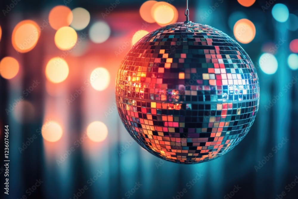 Poster a disco ball hung from a string with colorful lights in the background, perfect for parties or event