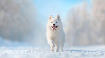 Naklejka premium Happy husky enjoying a playful run in a serene winter landscape with snow-covered trees on a bright, cold day in the mountains.walking, care and education, dog training