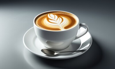 Naklejka premium Elegant latte art coffee in white cup with spoon on saucer