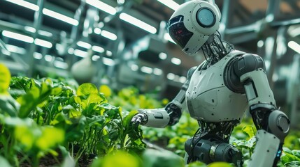 Fototapeta premium A futuristic robot carefully cultivates vibrant leafy greens in an indoor agricultural facility. The setting is well-lit with innovative technology, showcasing efficient farming practices