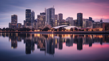 Fototapeta premium Urban Skyline at Sunset with Water Reflection
