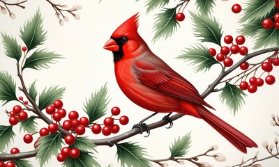 Vibrant red cardinal perched on berryladen branch amidst foliage