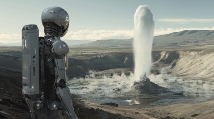 A robot stands gazing at a large geothermal eruption in a barren landscape under a clear sky. The impressive plume of steam and water rises high amidst dramatic terrain
