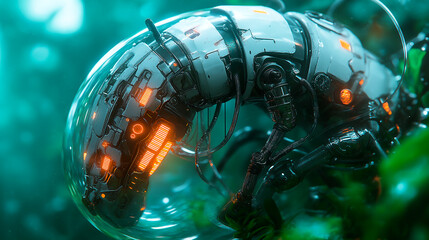 A cybernetic sea horse with mechanical details and neon accents landing on a nature sea in a surreal future landscape 