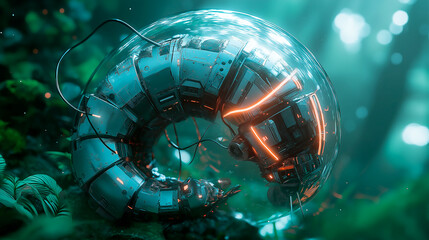 A cybernetic sea horse with mechanical details and neon accents landing on a nature sea in a surreal future landscape 