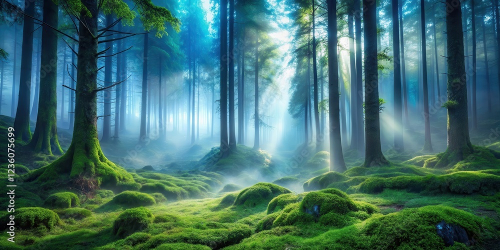 Poster Sunbeams pierce through the dense fog of a moss-covered forest, illuminating the ancient trees and casting an ethereal glow on the woodland floor