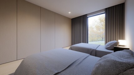 Modern bedroom with twin beds, autumn view
