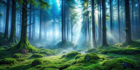Obraz premium Sunbeams pierce through the dense fog of a moss-covered forest, illuminating the ancient trees and casting an ethereal glow on the woodland floor