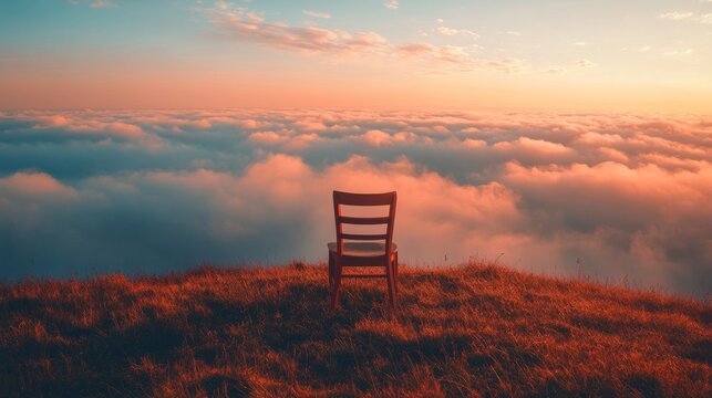 An empty chair placed on a serene autumn hilltop, with rolling clouds in the sky 