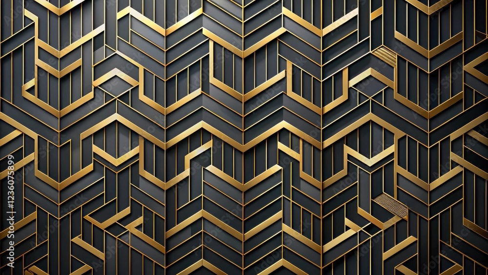 Aufkleber A Geometric Pattern of Interlocking Black and Gold Shapes, Creating an Intricate Design with a Modern Art Deco Aesthetic