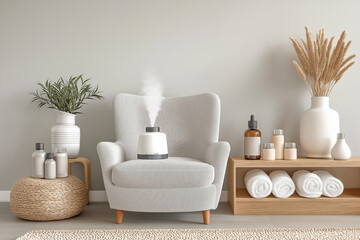 Serene Spa Room with Aromatherapy Diffuser and Soft Textures