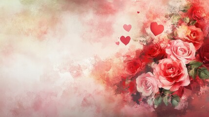 Romantic watercolor background with soft pink and red heart-shaped bokeh, delicate roses, and a dreamy glow, perfect for Valentine Day themes. 