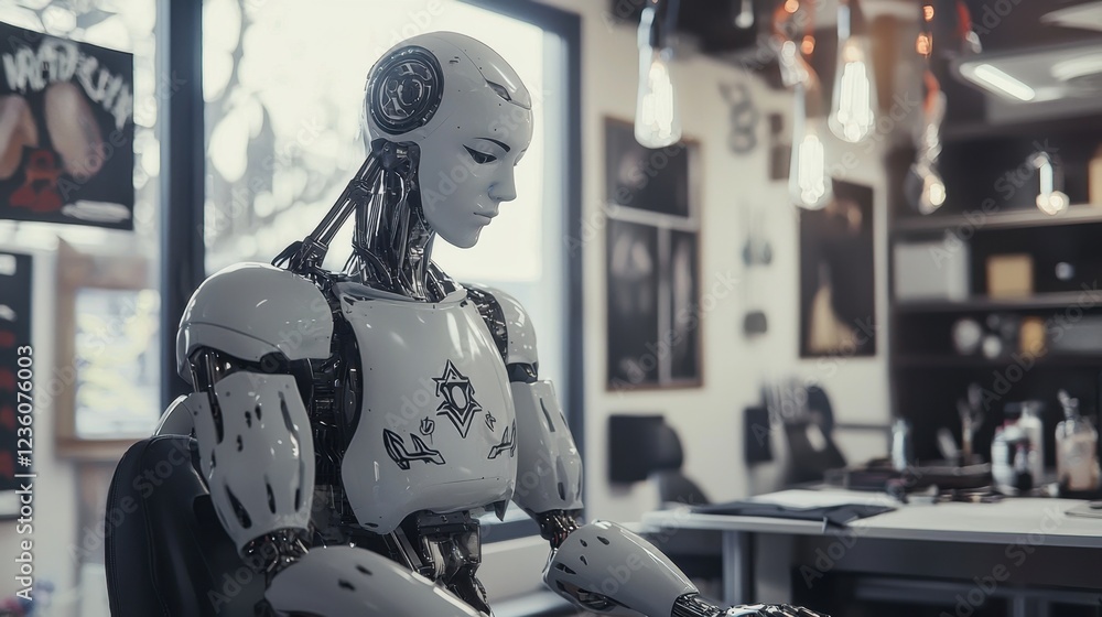 Poster a humanoid robot with sleek features sits quietly in a contemporary workspace filled with art. sunli