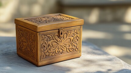 Intricate carved wooden box outdoors, sunlight background, gift storage