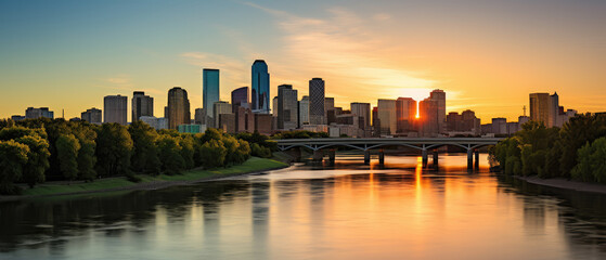 Fototapeta premium Urban Skyline at Sunset Above Tranquil River