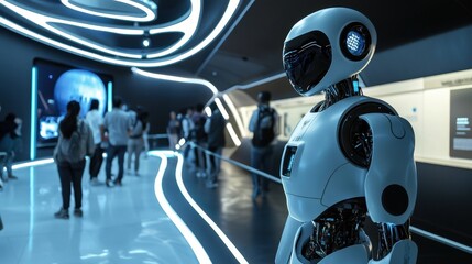 A group of people walks through a sleek, illuminated exhibition space showcasing advanced robotics. A prominent humanoid robot stands prominently, highlighting technological innovation