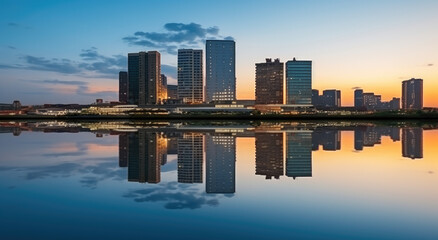 Fototapeta premium Modern City Skyline at Sunset Reflection