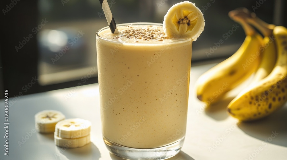 Poster a glass of blended banana drink placed on a table with a simple and clean background