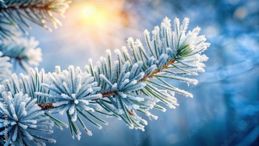 Poster a closeup of a pine branch covered in frost, sunlight shining through the frosty needles, creating a