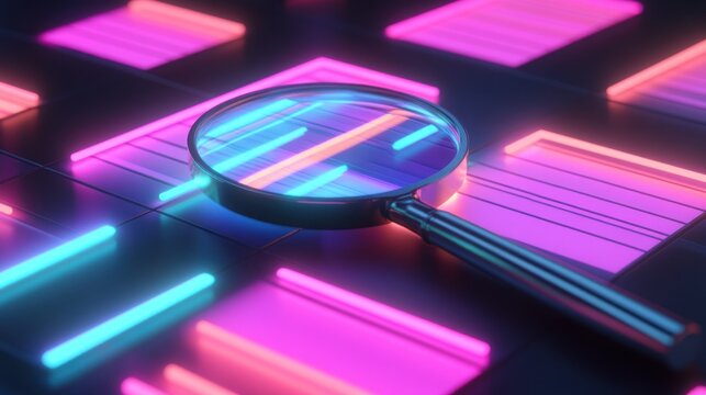 Neon grid magnifying glass analysis
