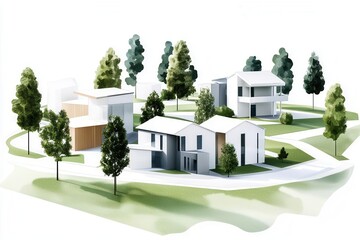 Modern houses in a serene landscape with lush greenery.