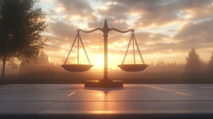 Sunset scales of justice outdoors, serene landscape