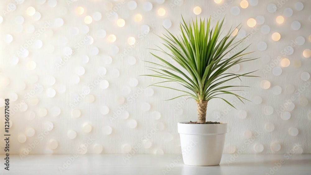 Poster a green plant in a white pot against a wall with a white circle pattern and a blurred bokeh backgrou