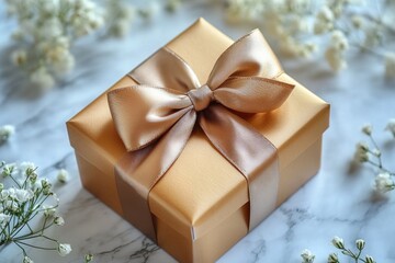 A beautifully presented gold gift box sits atop a white marble surface, adorned with a red bow