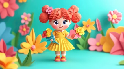 Cheerful cartoon girl in bright dress holding flowers surrounded by colorful paper flowers in a vibrant setting