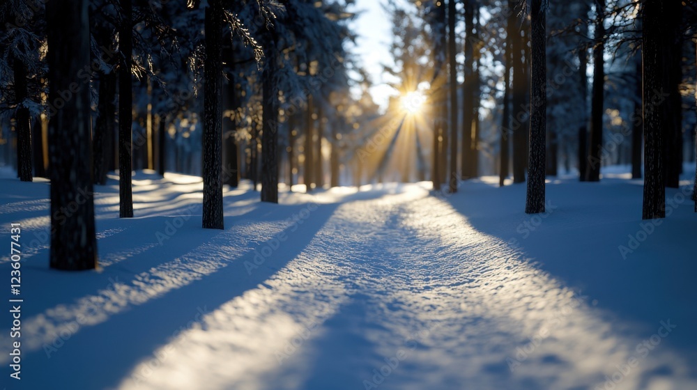 Aufkleber snow blankets a tranquil forest while sunlight breaks through tall trees, creating a soft glow on th