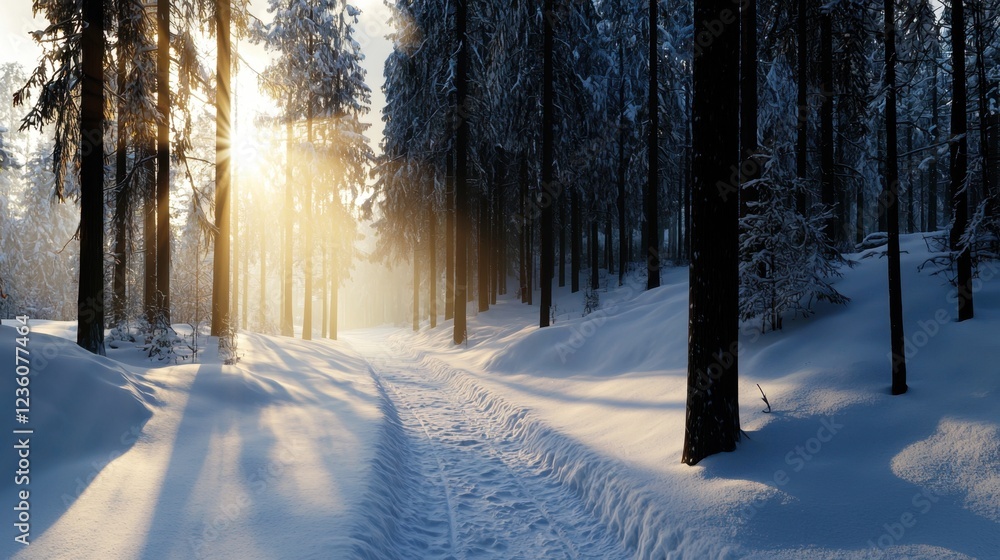 Poster snow blankets the ground and trees, while sunlight filters through the forest, creating a tranquil a